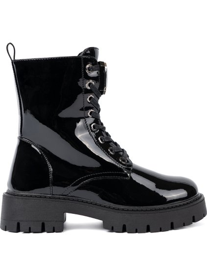 Lakované dámské černé kotníkové boty na šněrování