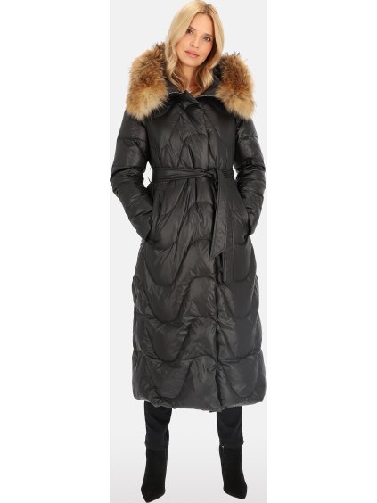 Černý dámský prošívaný kabát s přírodní kožešinou