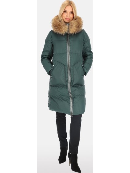 Elegantní lahvově zelená dámská péřová bunda s kontrastním pruhem
