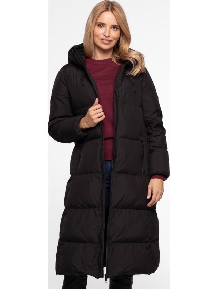 Černá dámská dlouhá prošívaná péřová bunda s kapucí