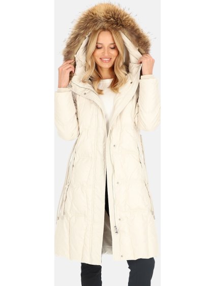 Smetanový dámský péřový kabát s ozdobným páskem