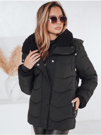Černá dámská zimní prošívaná bunda WARMMISS s kožešinovým límcem