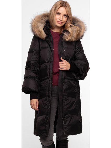 Černá dámská péřová bunda s přírodní kožešinou