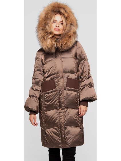 Hnědá dámská péřová bunda s přírodní kožešinou