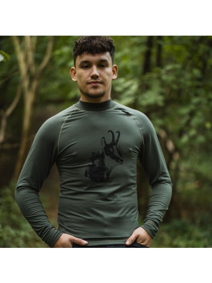 Khaki pánské funkční tričko s potiskem kamzíka