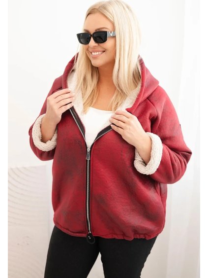 Vínová dámská plus size bunda zateplená měkkým beránkem