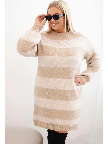 Béžovo-smetanové dámské pruhované svetrové šaty s viskózou