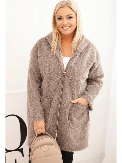 Tmavě béžový dámský viskózový Plus Size kabát na zip s kapucí