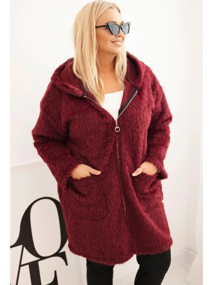 Vínový dámský viskózový Plus Size kabát na zip s kapucí