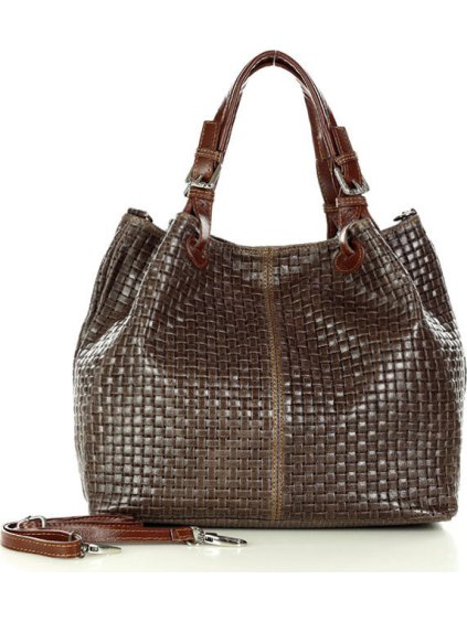 MAZZINI tmavě hnědá tkaná kožená shopper kabelka