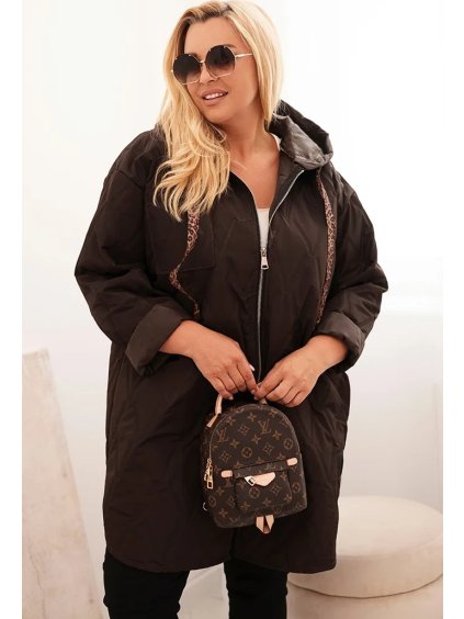 Hnědá dámská plus size prošívaná bunda s kapucí