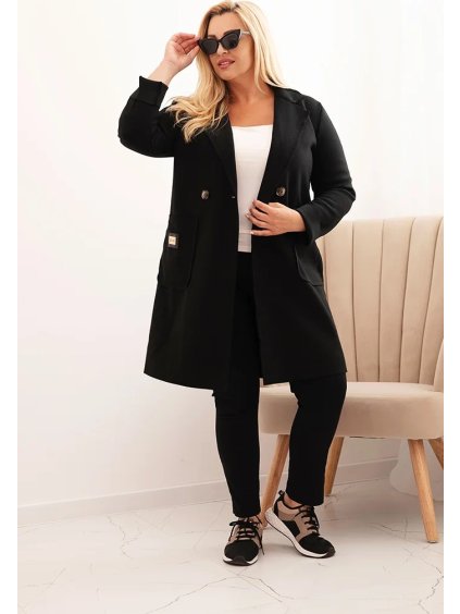 Černý dámský elegantní plus size kabát  s límcem a velkými kapsami