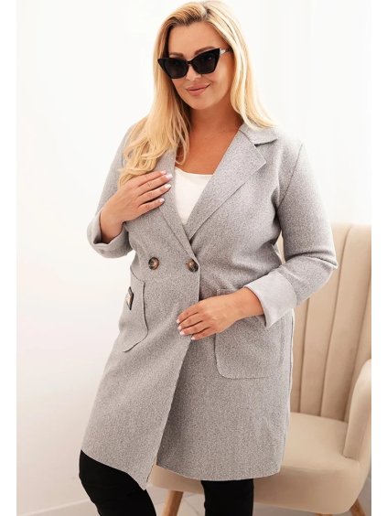 Šedý dámský elegantní plus size kabát  s límcem a velkými kapsami