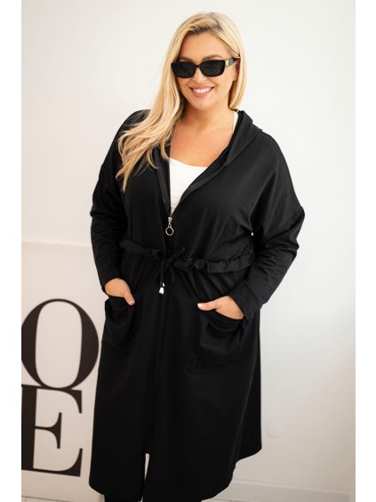 Černý dámský bavlněný Plus Size kardigan s kapucí a kapsami