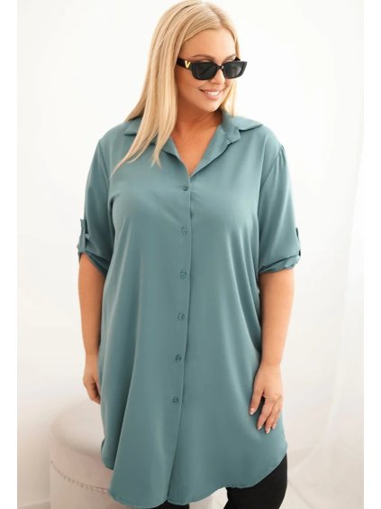 Mátové asymetrické Plus Size košilové šaty s ohrnovacími rukávy