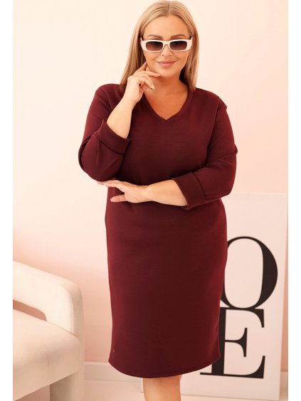 Vínové Plus Size šaty s výstřihem do V a 3/4 rukávy