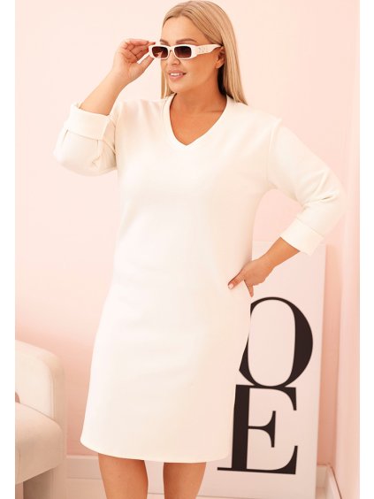 Smetanové Plus Size šaty s výstřihem do V a 3/4 rukávy