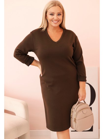 Hnědé Plus Size šaty s výstřihem do V a 3/4 rukávy
