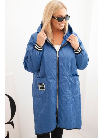 Modrá dámská plus size prošívaná bunda s kapucí a manžetami