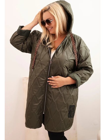 Khaki dámská plus size prošívaná bunda s kapucí