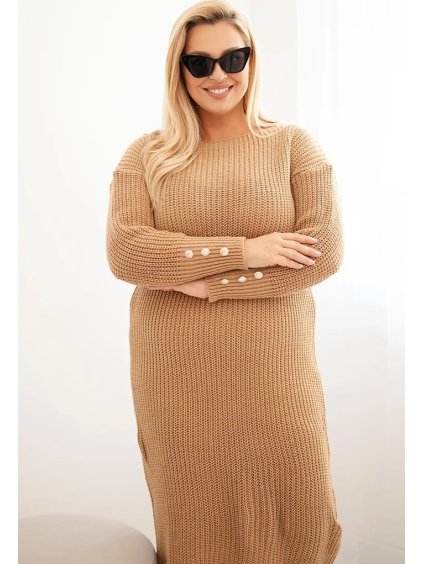 Camel dámské Plus Size pletené šaty s moherem