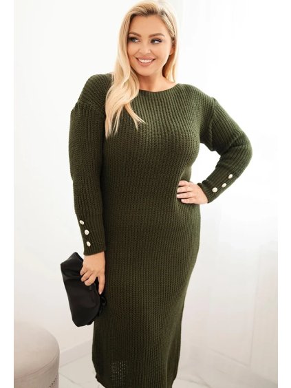 Khaki dámské Plus Size pletené šaty s moherem