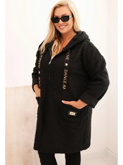 Černý stylový dámský plus size teddy kabátek na zip s kapucí