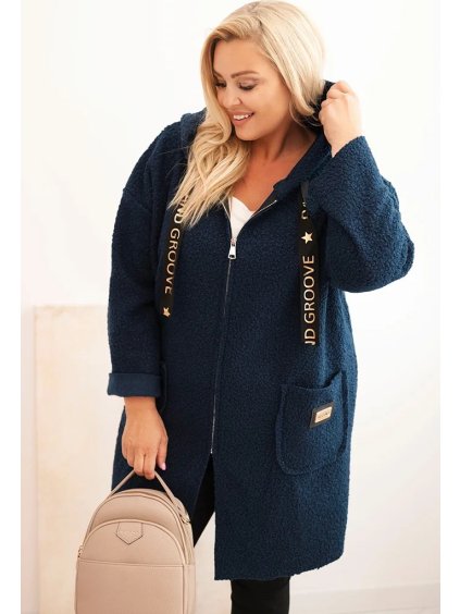 Tmavě modrý stylový dámský plus size teddy kabátek na zip s kapucí