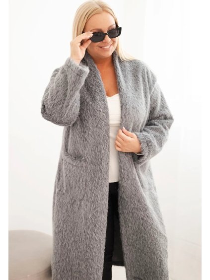 Šedý dámský Plus Size teddy kabát z viskózy bez zapínání