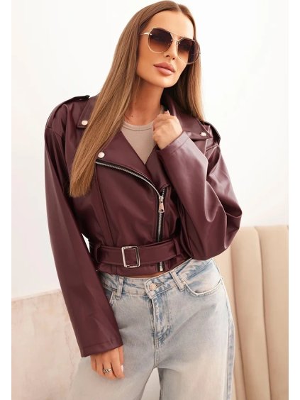Vínová dámská krátká koženková bunda s páskem