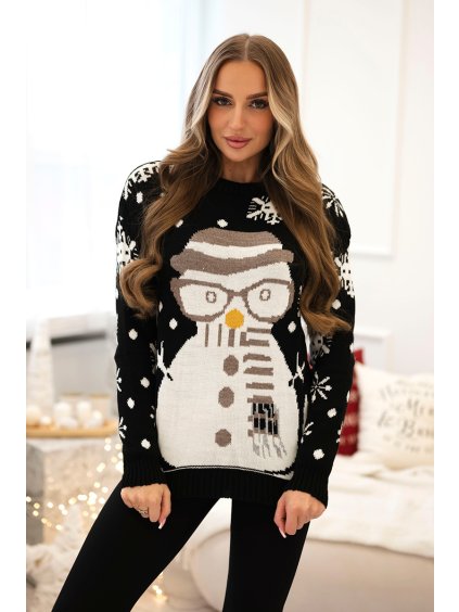 Černý dámský vánoční svetr s motivem sněhuláka