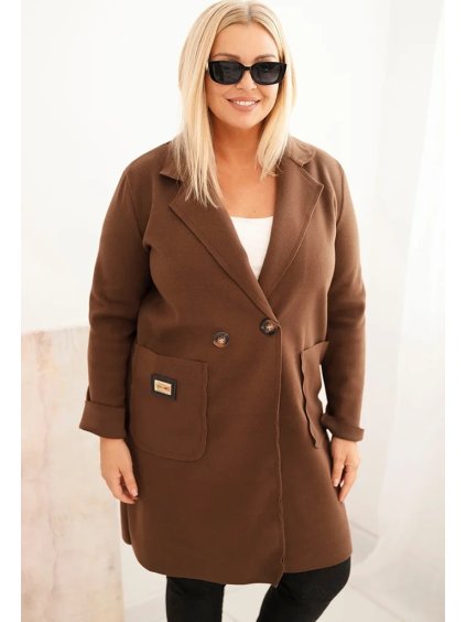 Čokoládově hnědý dámský elegantní plus size kabát  s límcem a velkými kapsami