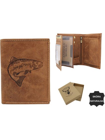 Always Wild Hnědá kožená peněženka s ražbou ryby A144
