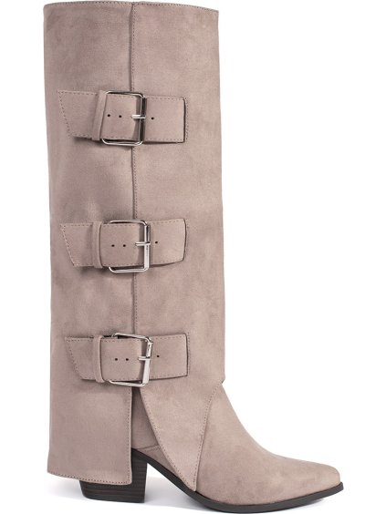 (Vel. 37) Béžové dámské semišové kozačky na sloupku s přezkami, podpatek 7,5 cm