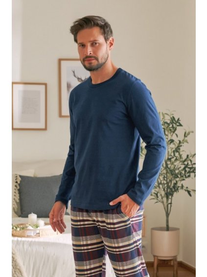 Pánské tmavě modré pyžamo s károvanými kalhotami