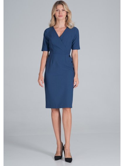 Modré pouzdrové midi šaty s knoflíky
