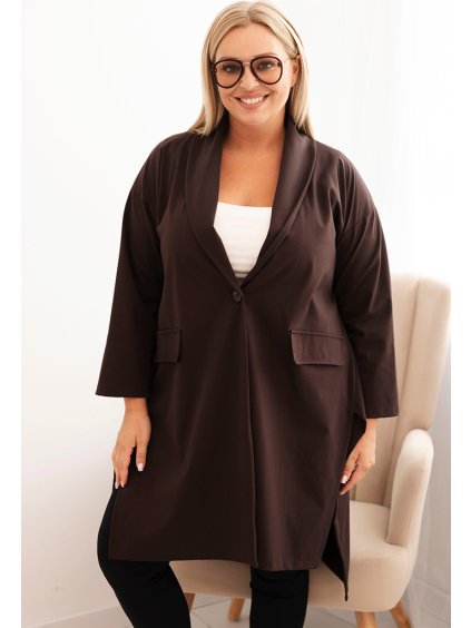 Hnědý dámský přechodový Plus Size kabátek s velkými kapsami