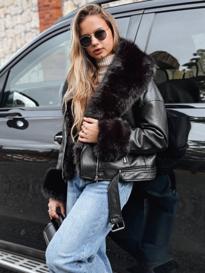 Černá dámská koženková bunda s černou kožešinou
