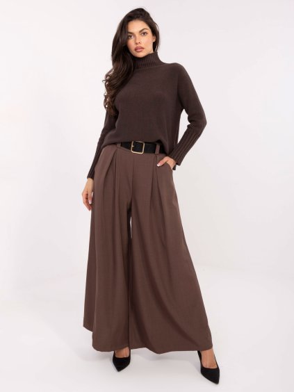 Hnědé dámské viskózové elegantní široké kalhoty s páskem