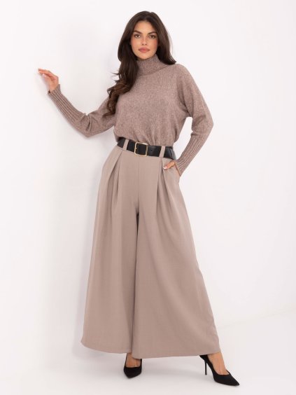 Béžové dámské viskózové elegantní široké kalhoty s páskem