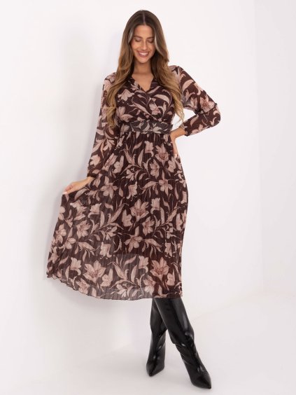 Hnědé dámské květované midi šaty se zavinovacím výstřihem