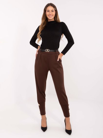 Hnědé dámské viskózové elegantní tepláky s páskem