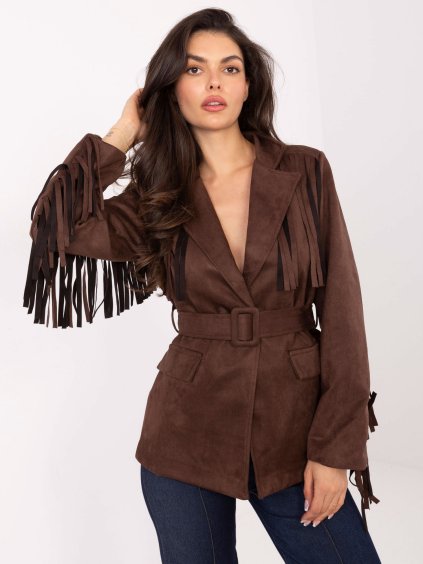 Hnědý dámský semišový blejzr s třásněmi