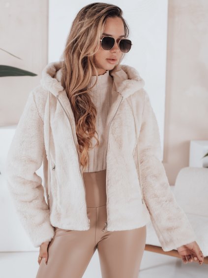 (Vel. S) Béžová dámská kožíšková bunda ELMIRIS s kapsami