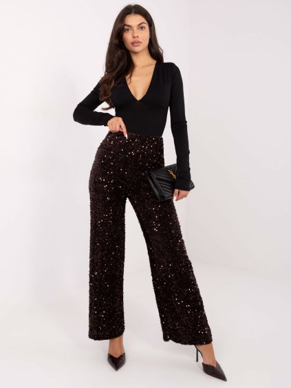 Tmavě hnědé dámské kalhoty s flitry