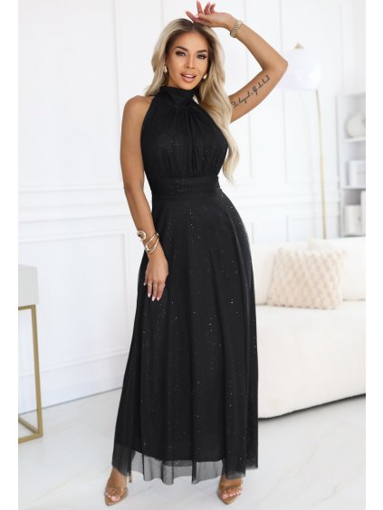 Černé lesklé luxusní dlouhé šaty VERONICA s elegantním střihem