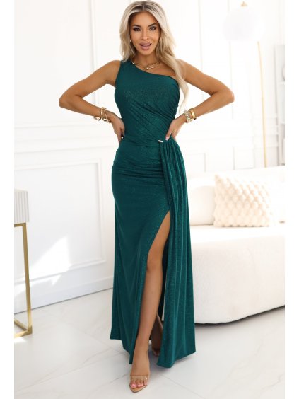 Tmavě zelené dlouhé třpytivé šaty s rozparkem  SELENA