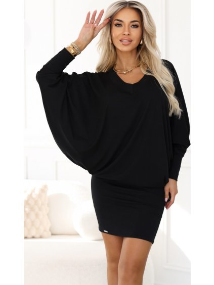 Černé teplé svetrové šaty s netopýřími rukávy