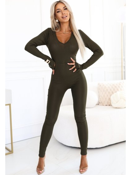 Khaki dámský elegantní žebrovaný overal s výstřihem