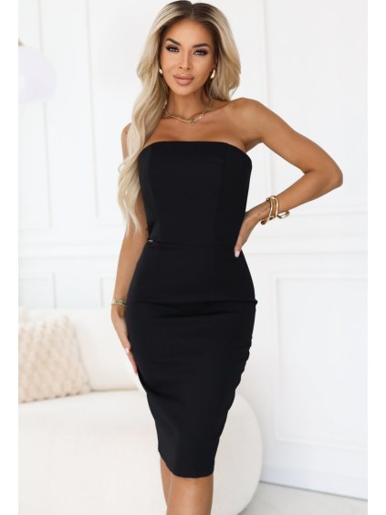 Černé korzetové midi šaty s odhalenými rameny